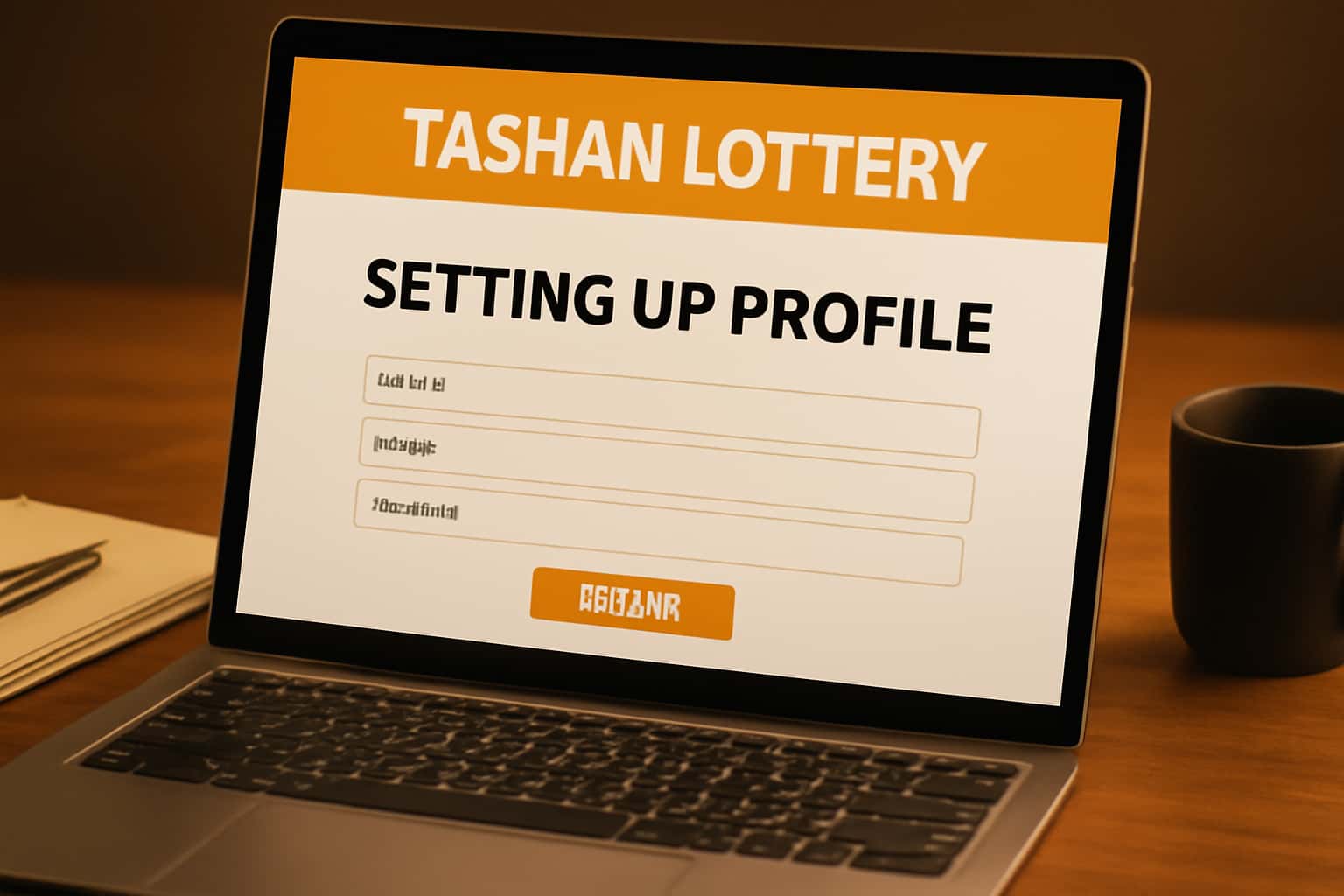 A clean, futuristic scene illustrating the process of setting up a Tashan Lottery profile.